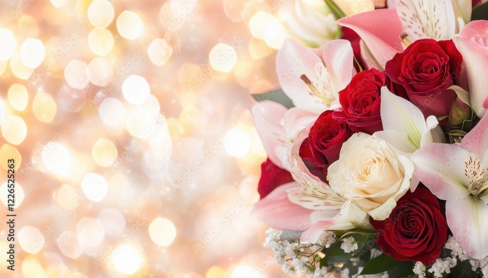 Romantic Bouquet of Red and White Roses and Pink Lilies with Sparkling Golden Background Romantic Bouquet of Red and White Roses and Pink Lilies with Sparkling Golden Background