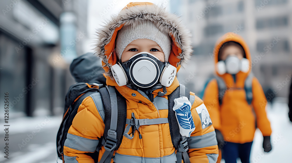Children wearing masks in urban winter scene city streets environmental awareness snowy conditions close-up health concerns Children wearing masks in urban winter scene city streets environmental awareness snowy conditions close-up health concerns