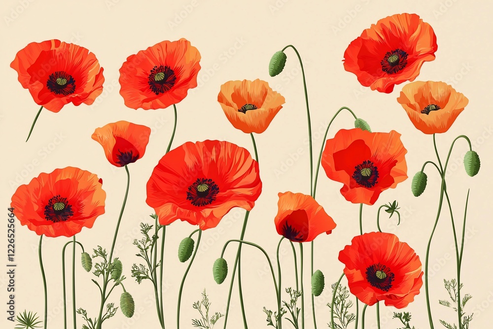 Obraz premium Vibrant Red Poppies Blooming Against a Soft Beige Background, Ideal for Nature-Themed Projects