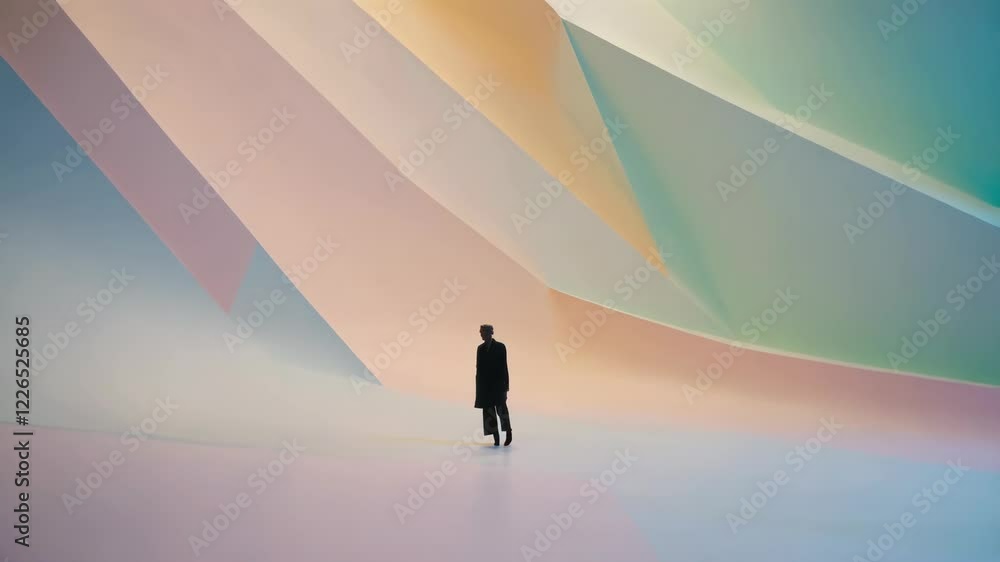 Person in black coat standing in pastel-colored abstract room.