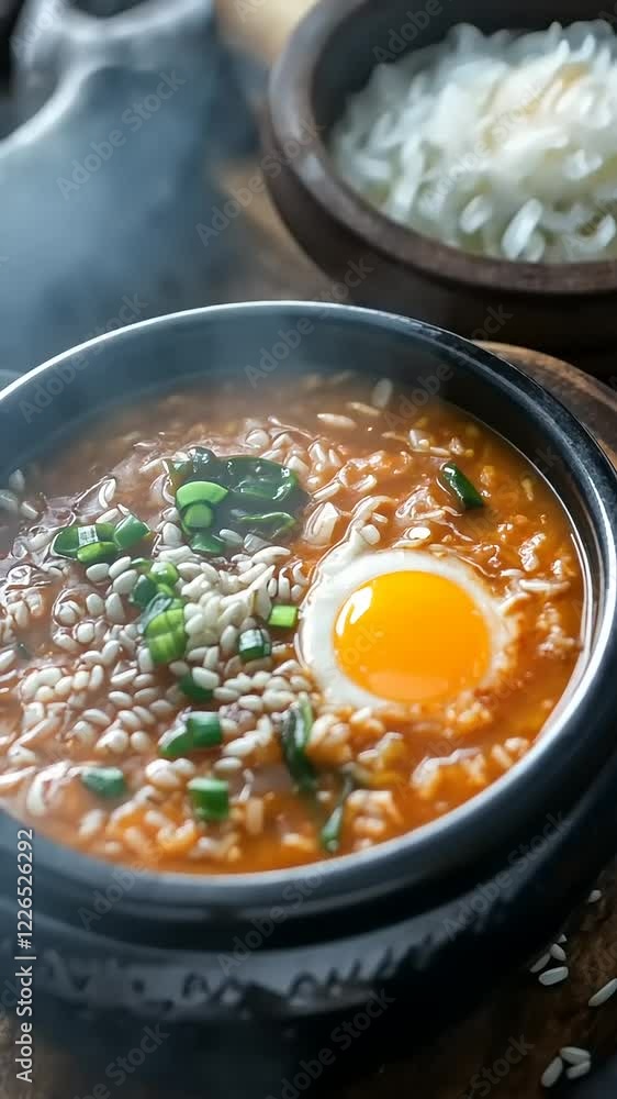 Delicious steaming bowl of spicy ramen with egg Delicious steaming bowl of spicy ramen with egg