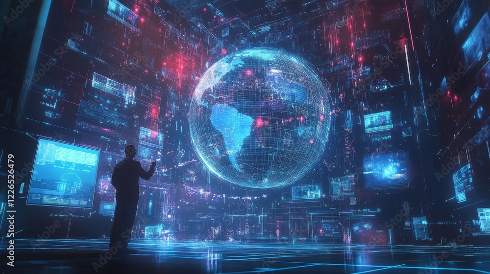 43.An executive presenting a 3D-rendered digital globe floating mid-air, surrounded by a network of glowing icons such as interconnected nodes, certificates, and standardization symbols. The scene is 43.An executive presenting a 3D-rendered digital globe floating mid-air, surrounded by a network of glowing icons such as interconnected nodes, certificates, and standardization symbols. The scene is
