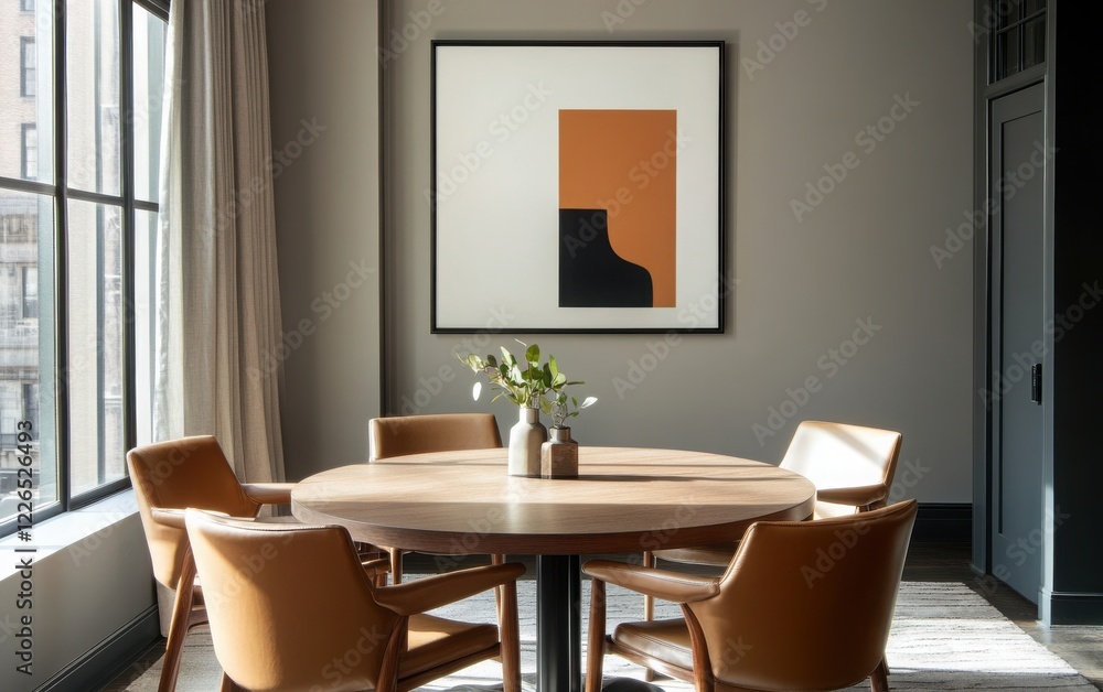 Contemporary meeting space with a round wooden table, sleek leather chairs, and a modern digital screen. Contemporary meeting space with a round wooden table, sleek leather chairs, and a modern digital screen.