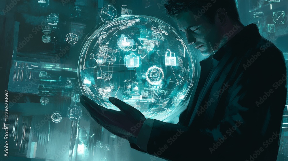 Fototapeta premium 49.An artistic depiction of a business professional holding a transparent globe illuminated with floating ISO standard icons, including blueprints, flowcharts, and interconnected gears. The scene is