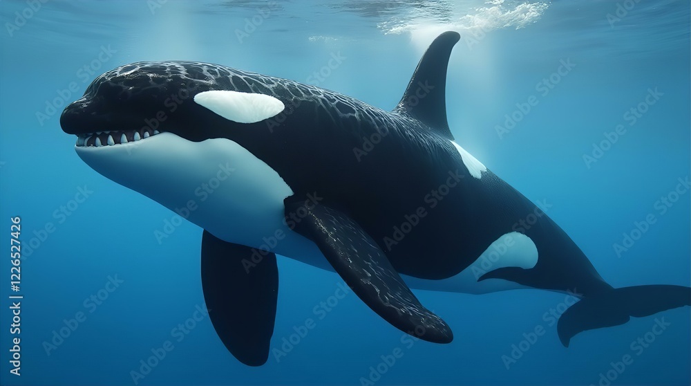 Obraz premium Majestic Orca Whale Underwater: Stunning Photo of Killer Whale Swimming in Ocean, Black and White Markings, Powerful Predator, Wildlife Photography