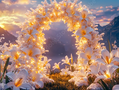 Glowing Floral Arch at Sunset Surrounded by Lush Botanicals and Vibrant Blooms