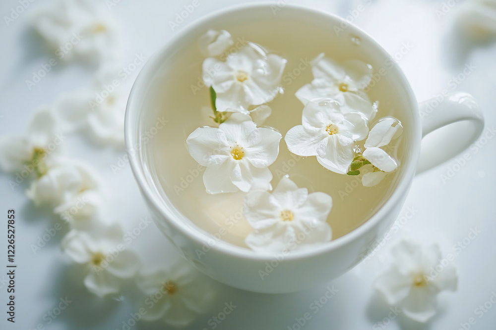 Serene white flowers floating in a cup of water, surrounded by scattered petals on a clean surface Serene white flowers floating in a cup of water, surrounded by scattered petals on a clean surface