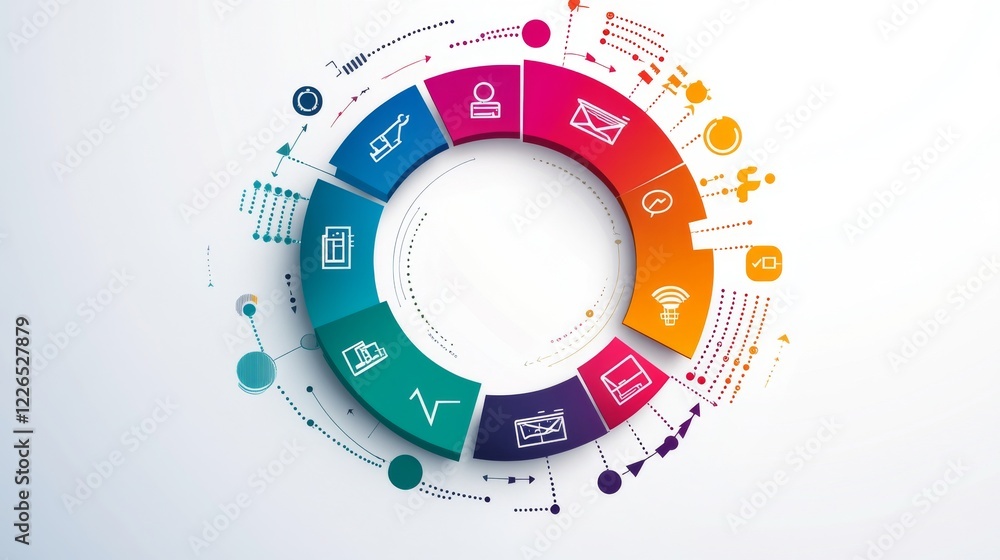 68.A visually striking infographic showing a circular workflow diagram with arrows connecting multiple stages. Each stage is represented by an icon in a bright color scheme, arranged over a subtle 68.A visually striking infographic showing a circular workflow diagram with arrows connecting multiple stages. Each stage is represented by an icon in a bright color scheme, arranged over a subtle