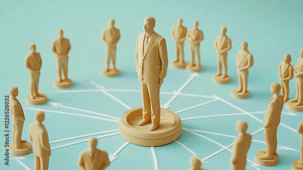 Obraz premium 71.A conceptual image of a leader represented as a large wooden figure standing in the center of a circular arrangement of smaller wooden figures symbolizing employees. White chalk lines and arrows