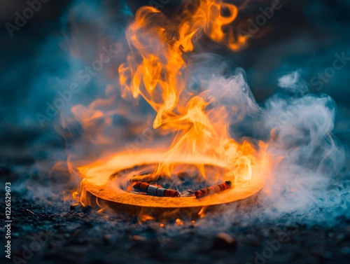 Glowing Ring of Smoke Rising from Fiery Blaze in Dramatic Atmosphere photo