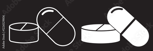 Print  Medicine of pills and capsules line icon set. Vitamin tablet sign. Medical painkiller drug pill symbol . 1176