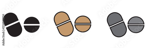 Print  Medicine of pills and capsules line icon set. Vitamin tablet sign. Medical painkiller drug pill symbol . 1176