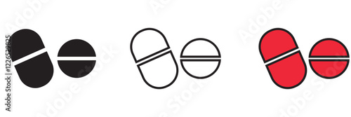 Print  Medicine of pills and capsules line icon set. Vitamin tablet sign. Medical painkiller drug pill symbol . 1176