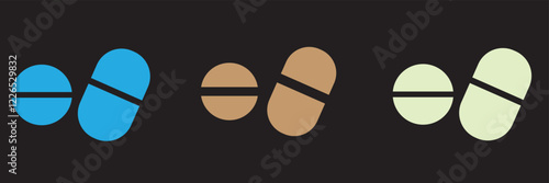 Print  Medicine of pills and capsules line icon set. Vitamin tablet sign. Medical painkiller drug pill symbol . 1176