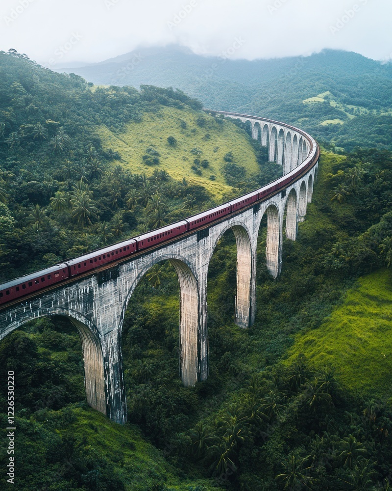 Train crossing scenic viaduct, lush hills Train crossing scenic viaduct, lush hills