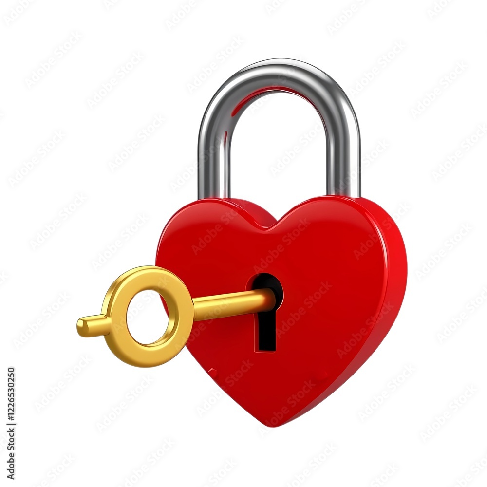 3D illustration of a heart-shaped padlock with a golden key