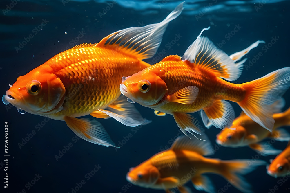 Fototapeta premium A harmonious elegant goldfish swimming in a graceful motion, symbolizing balance, prosperity, and eternal luck