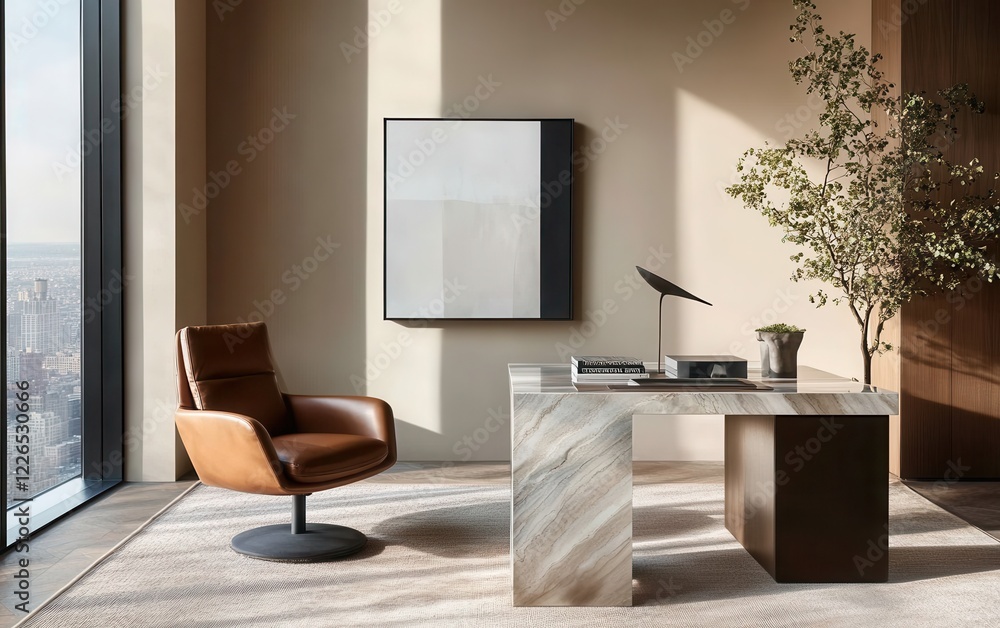 Fototapeta premium Sleek executive penthouse office with a marble desk, modern leather chair, and a glass coffee table. 