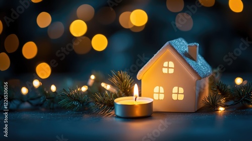 Wallpaper Mural Cozy Christmas Scene with a Lit Candle and a Snowy House Torontodigital.ca