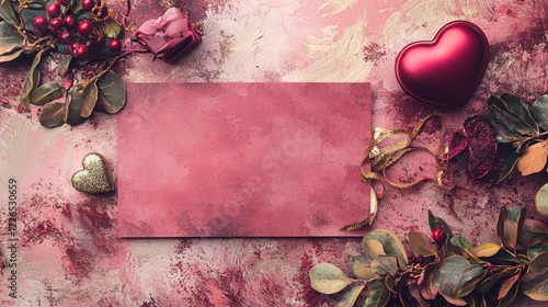 Valentine mockup card elements design. Romantic Heart Still Life With Berries And Greens On Textured Surface With Red Card.
