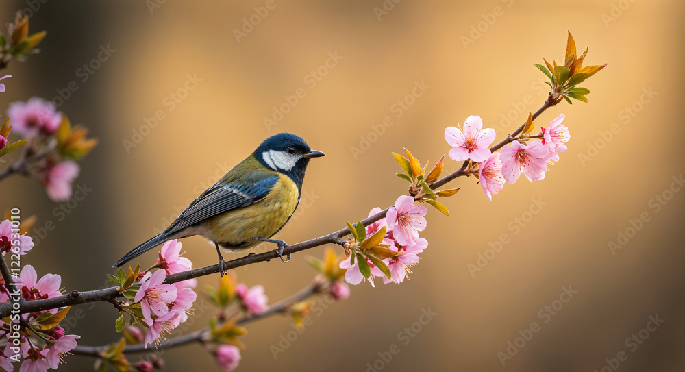 Obraz premium bird sits in the branches of blossoming sakura, the charm of spring, the awakening of nature . Generative AI
