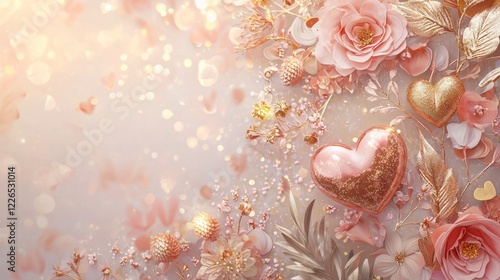 Valentine mockup card elements design. Romantic Pink Floral Scene with Hearts and Bokeh Lights for Valentine's Day Celebrations.
