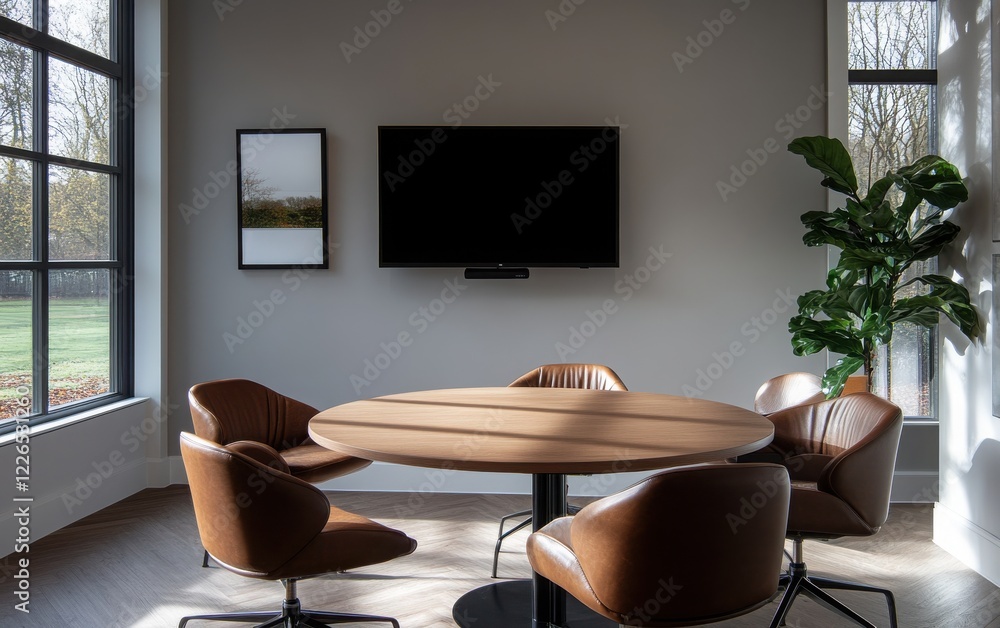 Fototapeta premium Sophisticated meeting room with a round oak table, ergonomic leather chairs, and a large digital screen. 