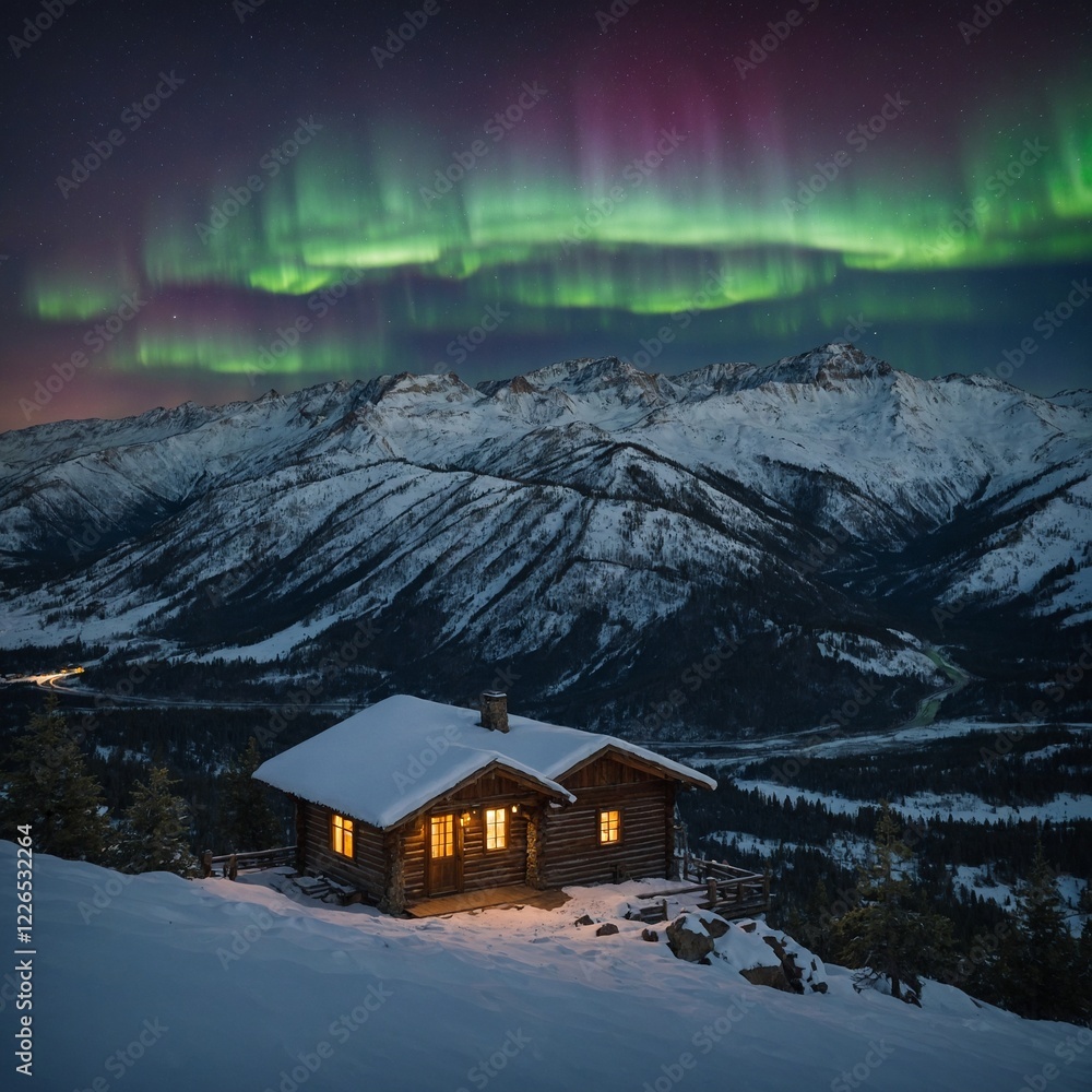 Fototapeta premium The Aurora Crest seen from a snowy hilltop.