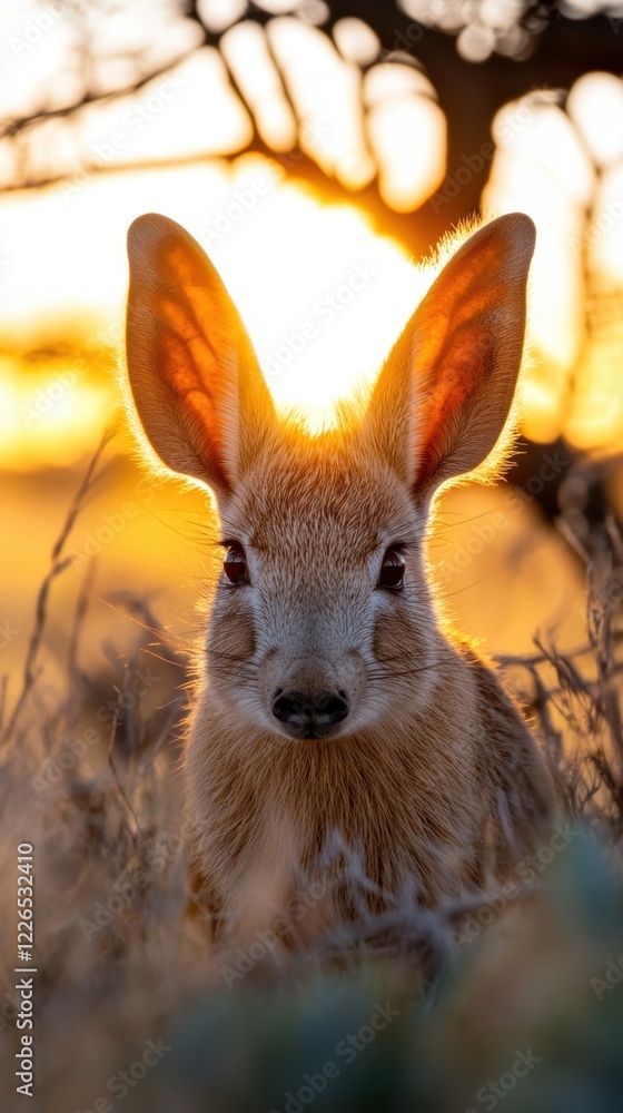 National Aardvark Week Fennec fox in golden sunset desert habitat with glowing juvenile ears National Aardvark Week Fennec fox in golden sunset desert habitat with glowing juvenile ears