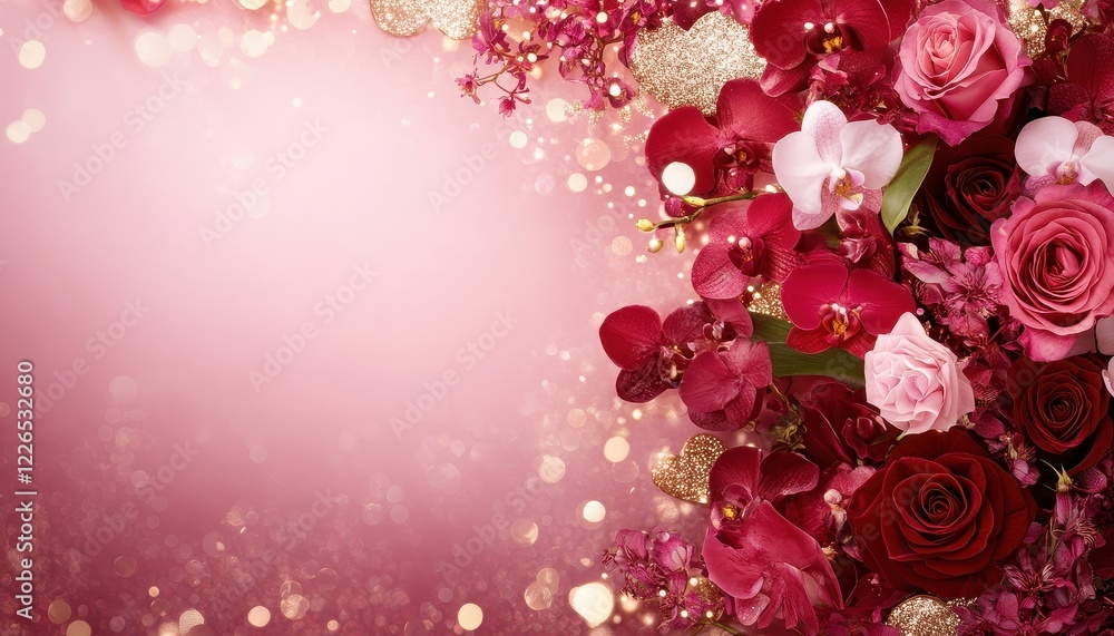 Romantic Floral Arrangement with Pink and Red Roses and Orchids Romantic Floral Arrangement with Pink and Red Roses and Orchids