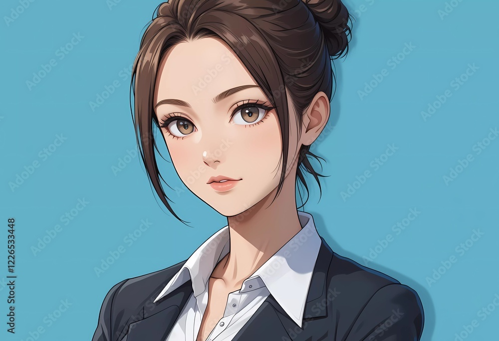 Portrait of a anime style business woman on blue background. Portrait of a anime style business woman on blue background.