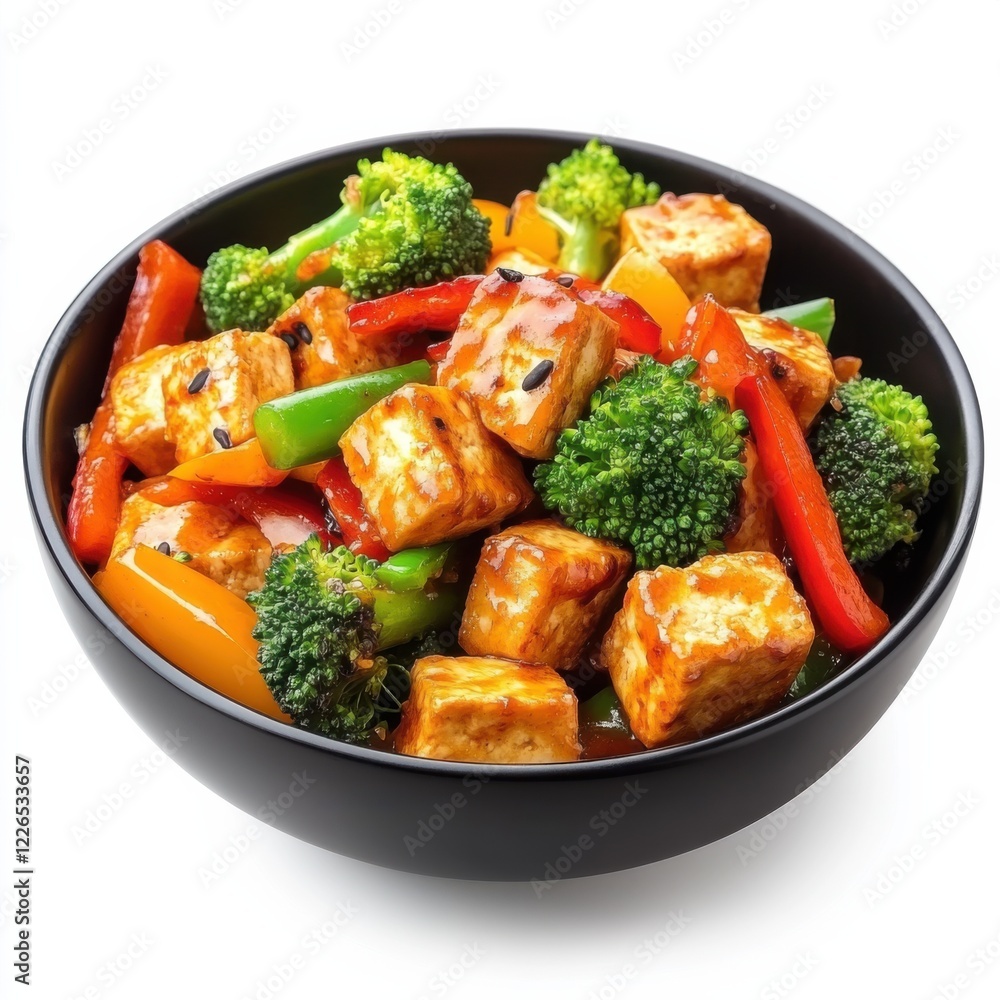 A spicy tofu stir-fry with bell peppers and broccoli, isolated white background, contemporary art style A spicy tofu stir-fry with bell peppers and broccoli, isolated white background, contemporary art style