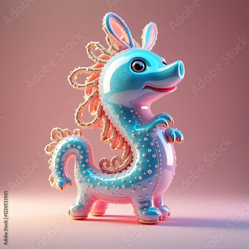 3d rendering of a blue dragon toy on a pink background. chinese dragon photo