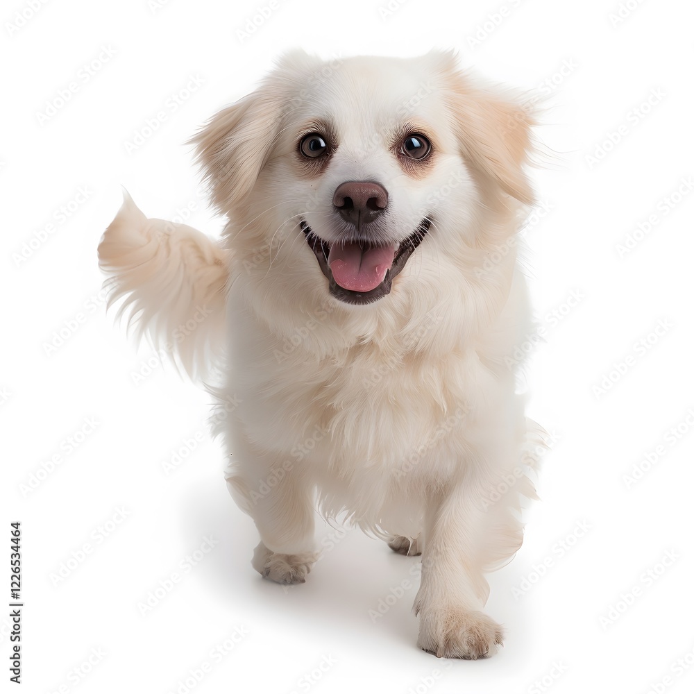 Happy fluffy dog running, white background, studio shot, pet adoption Happy fluffy dog running, white background, studio shot, pet adoption