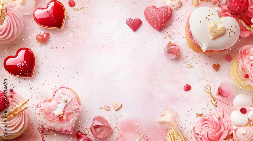 Fototapeta premium Valentine mockup card elements design. Sweet Treats Heart Shaped Pastries and Candies Romantic Pink Background Still Life Food Art.