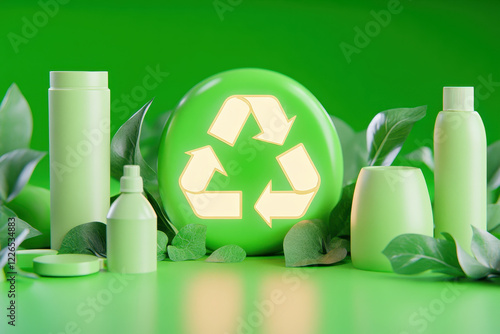 Eco friendly packaging with green products and recycling symbol