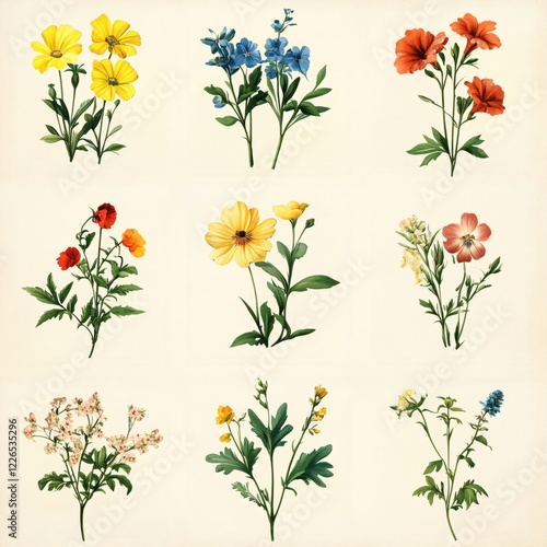 Wallpaper Mural Nine colorful vintage floral illustrations on a light background showing various botanical species Torontodigital.ca