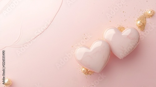 Valentine mockup card elements design. Two Pink Heart Shapes on Light Pink Surface with Golden Spheres and Shimmering Particles.