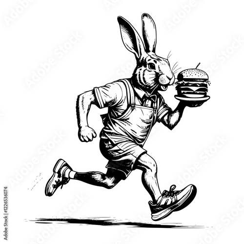 "A Speedy Rabbit in Running Shoes Holding a Juicy Burger, Ready to Dash Towards a Delicious Adventure"