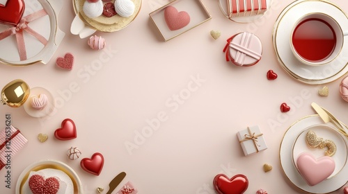 Valentine mockup card elements design. Valentines Day Treats And Gift Boxes Displayed Overhead On Light Background With Tea Cup And Candies.