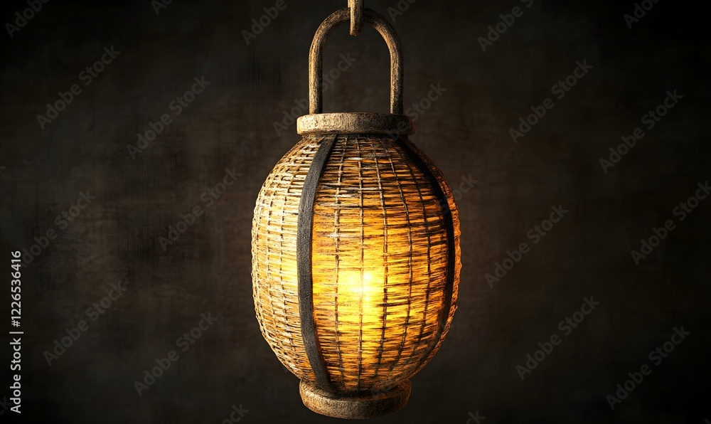 Obraz premium Woven lantern glowing, dark background, hanging, home decor