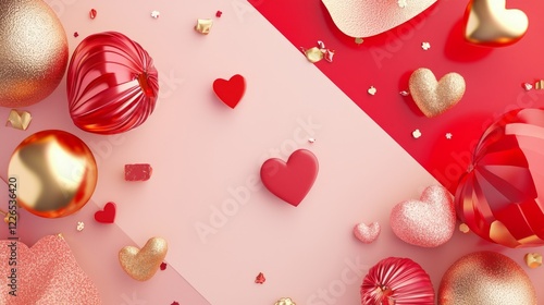 Valentine mockup card elements design. Valentines Ornaments Arranged on Pink Background and Red Surface for Holiday Decoration.