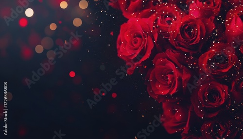 Romantic Red Roses Bouquet with Glitter and Sparkle on Dark Background