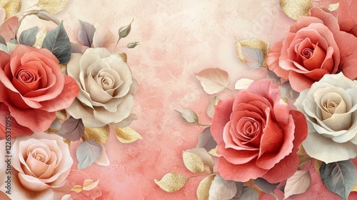 Valentine mockup card elements design. Watercolor Roses in Bloom Soft Pink and White Flowers Floral Art Decorative Design.