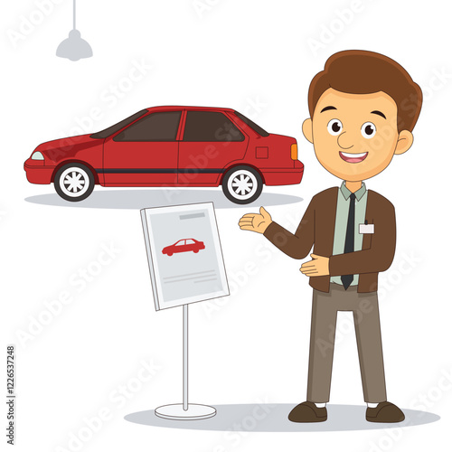 Happy smiling car dealer seller man character showing new car