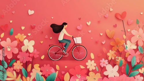 Valentine mockup card elements design. Woman Riding Bicycle Among Flowers and Hearts With Pink Background Paper Craft Illustration.