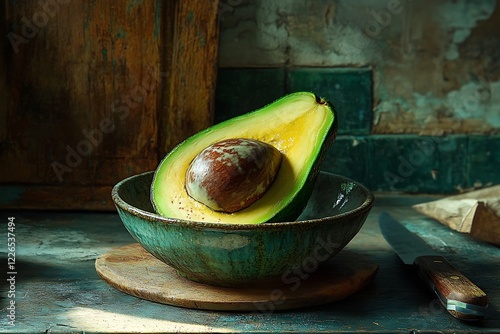 Detailed image of an avocado in a small bowl with its flesh exposed, surrounded by kitchen elements like a knife and cutting board, creating a natural atmosphere photo