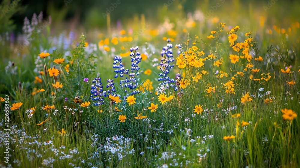 Fototapeta premium Vibrant wildflowers in a summer meadow bathed in golden sunlight.