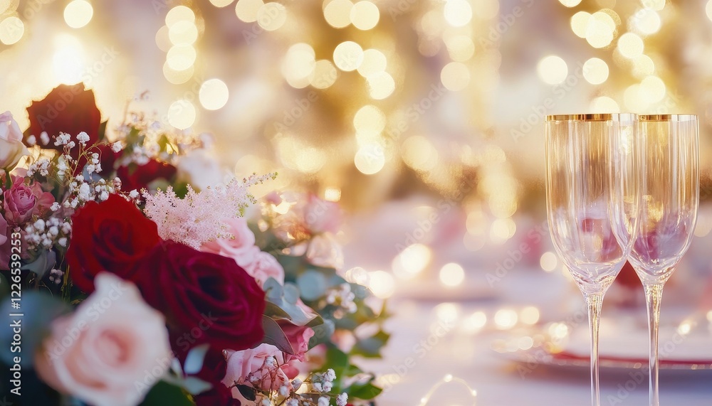 Romantic Table Setting with Red and Pink Roses and Champagne Flutes Romantic Table Setting with Red and Pink Roses and Champagne Flutes