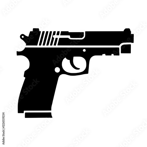 Handgun Silhouette: A stark black silhouette of a handgun, isolated against a plain background, suitable for concepts related to law enforcement, self-defense, or crime.  